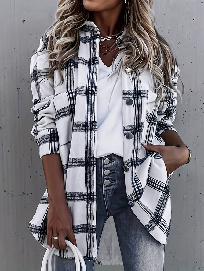 Women Casual Plaid Autumn Daily Warmth Shawl Collar Woolen Thicken H-Line Jackets