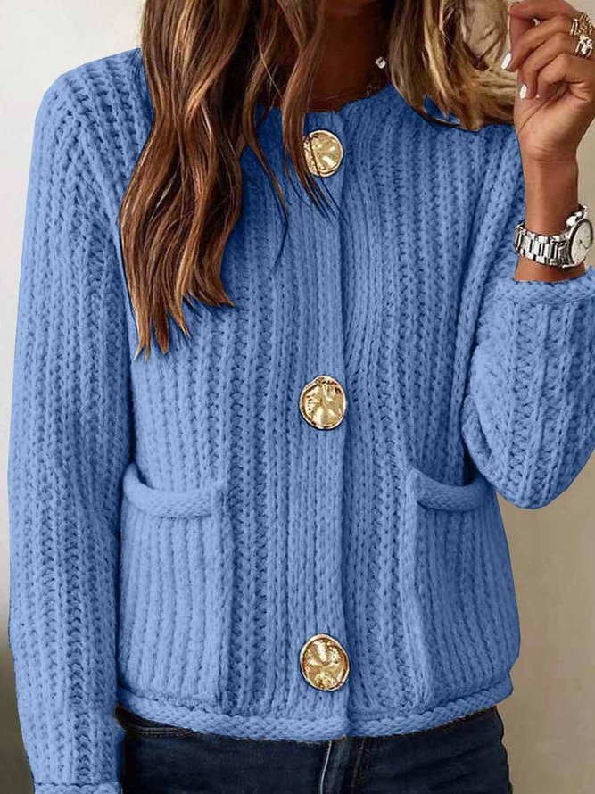 Women Simple Plain Winter Polyester Heavyweight Household Loose Long Sleeve Crew Neck Cardigans