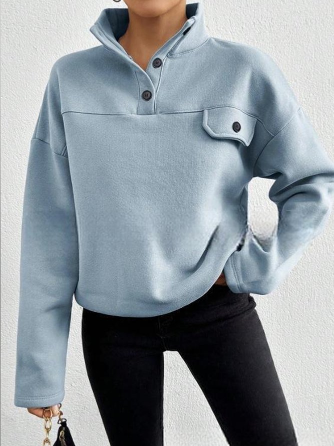 Women Casual Plain Spring/Fall Polyester Stand Collar Daily Loose Regular Regular Sweatshirts