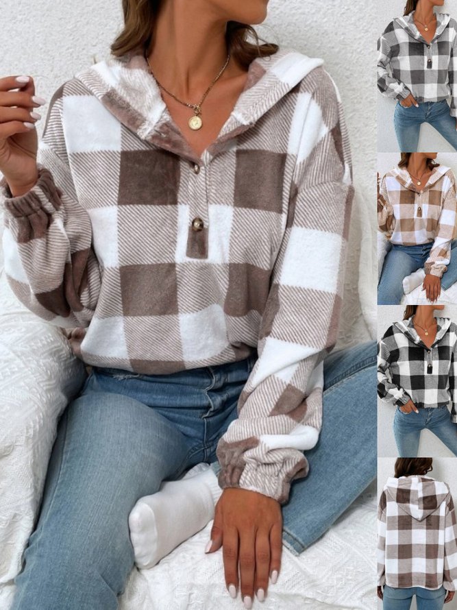 Women Plaid Vintage Spring/Fall Printing Hoodie Micro-Elasticity Daytime Long Sleeve Regular Sweatshirts