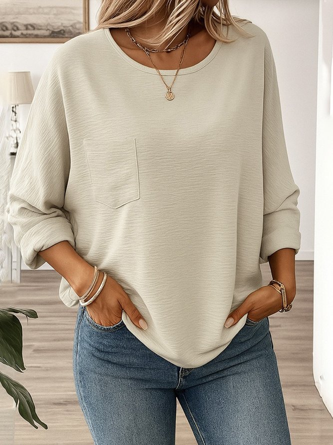Women Casual Plain Spring/Fall Polyester No Elasticity Daily Long Sleeve Crew Neck Regular Blouses