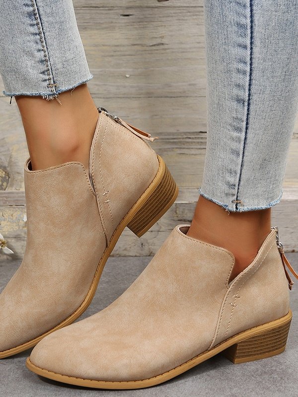 Women Boho Plain Autumn Zipper Daily Low Heel Pointed Toe PU Rubber Boots