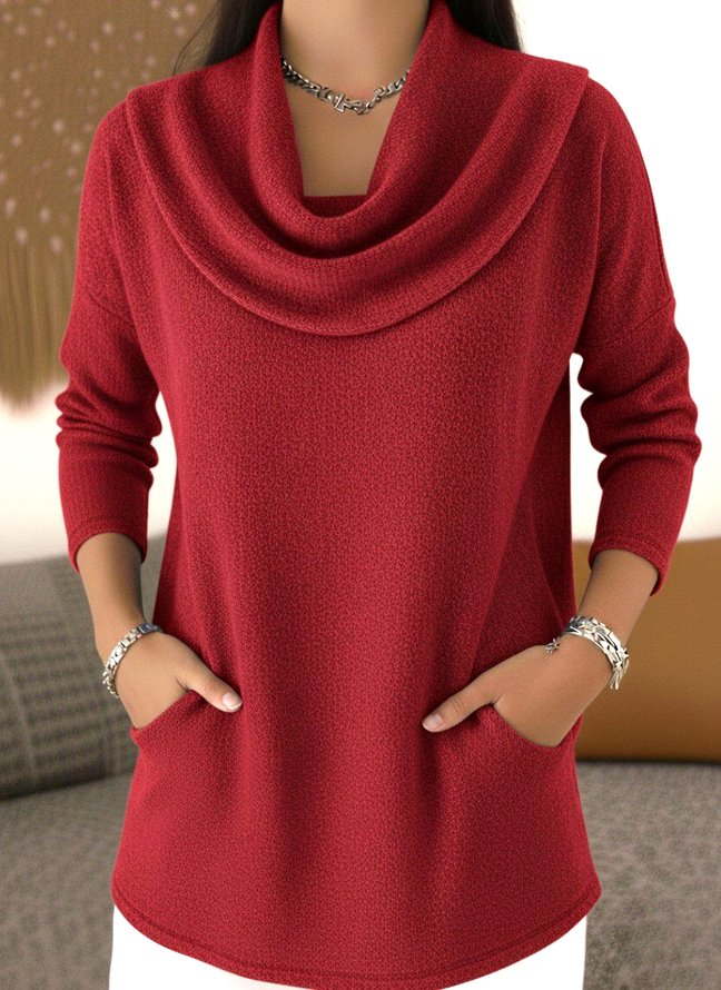 Women Casual Plain Spring/Fall Polyester Regular Fit Long Sleeve Regular A-Line Mock Neck T-shirts
