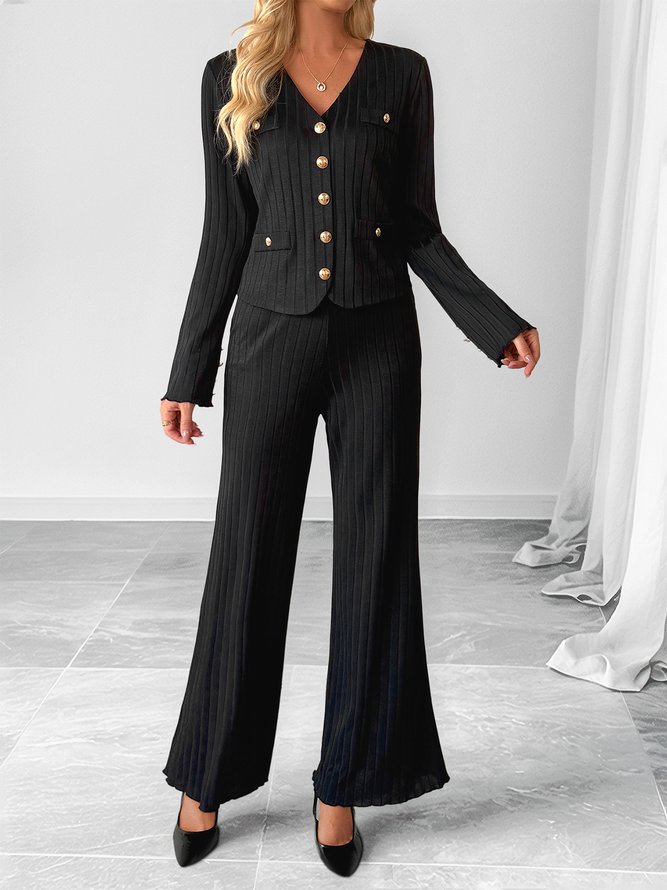 Women Casual Plain Spring/Fall V neck Natural Micro-Elasticity Regular Fit Top With Pants Regular Two-Piece Sets