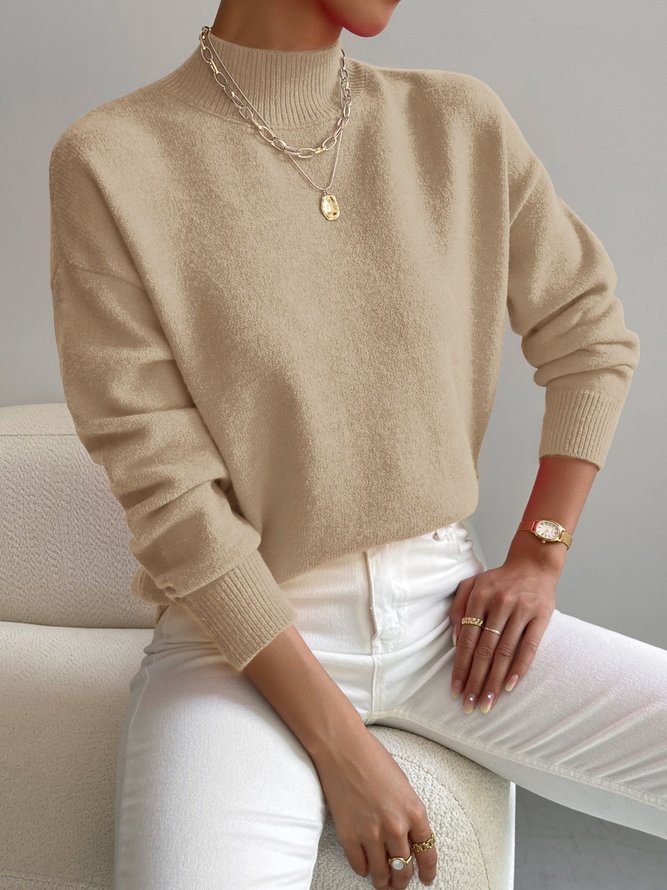 Plain Winter Basic Acrylic Heavyweight Micro-Elasticity Long Sleeve A-Line Mock Neck Sweaters for Women
