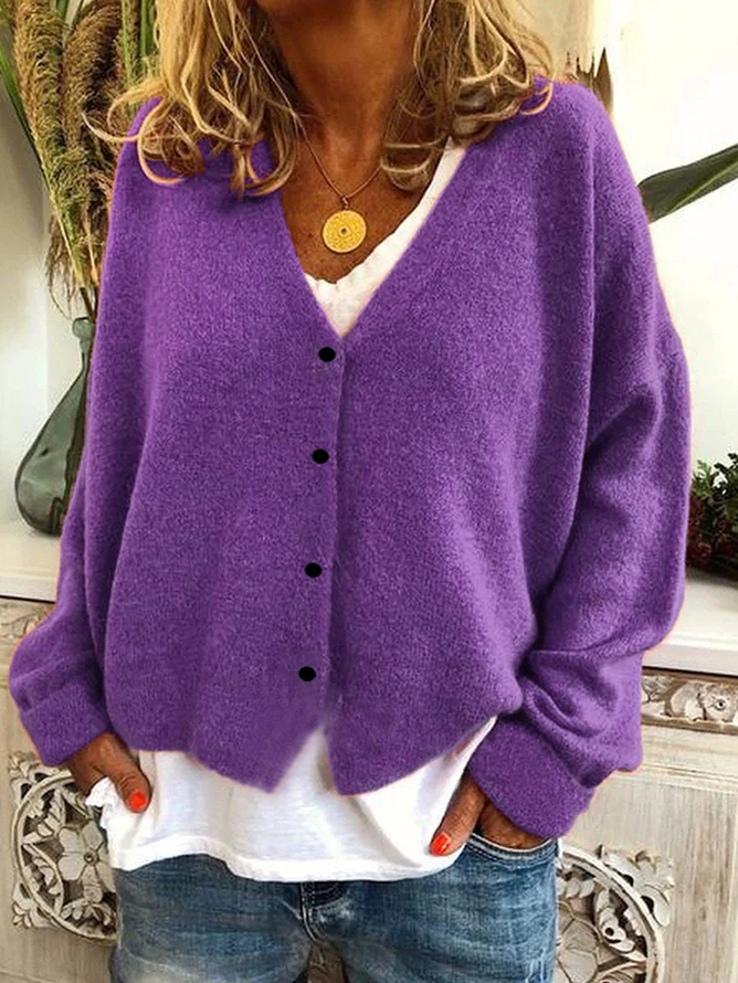 Women Simple Plain Spring/Fall Polyester V neck Household Loose H-Line Regular Cardigans