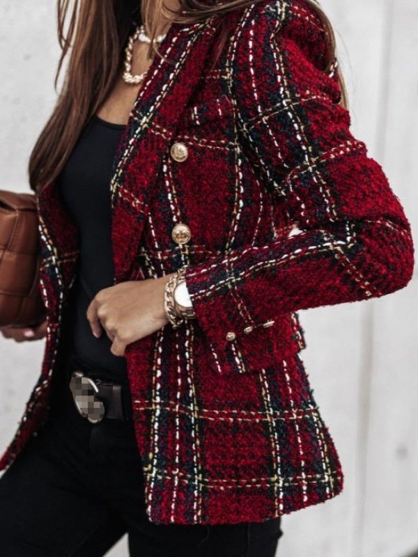 Women Lady Romance Color Block Spring/Fall Polyester Printing Going Out Open Front Long Sleeve Tweed Jacket Blazers