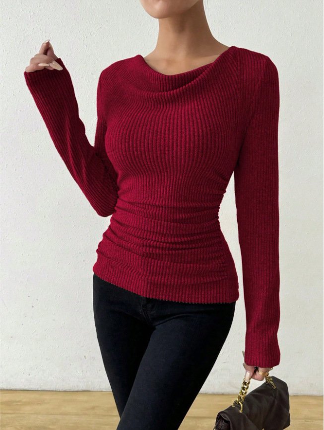 Women Basic Plain Spring/Fall Ruched Micro-Elasticity Regular Fit Long Sleeve H-Line Regular T-shirts