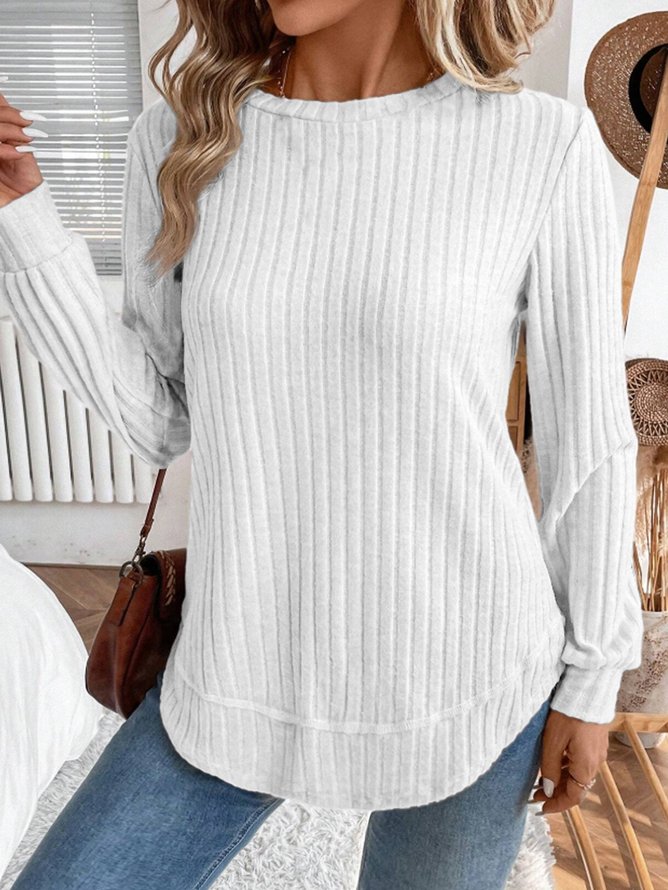 Women Elegant Plain Spring/Fall Micro-Elasticity Commuting Loose Crew Neck H-Line Regular Knit Tops