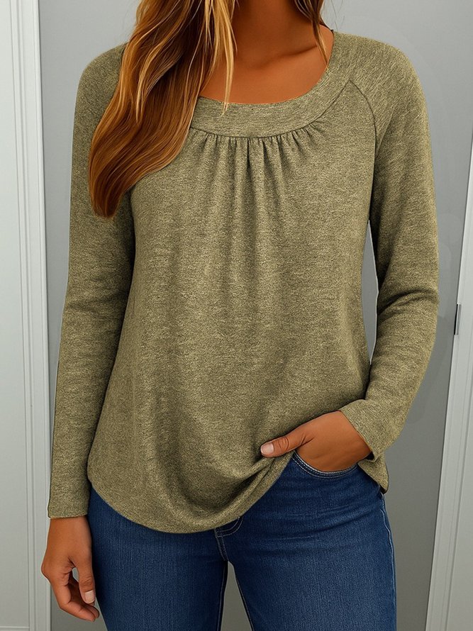 Women Casual Plain Spring/Fall Micro-Elasticity Daily Long Sleeve Crew Neck H-Line Regular T-shirts