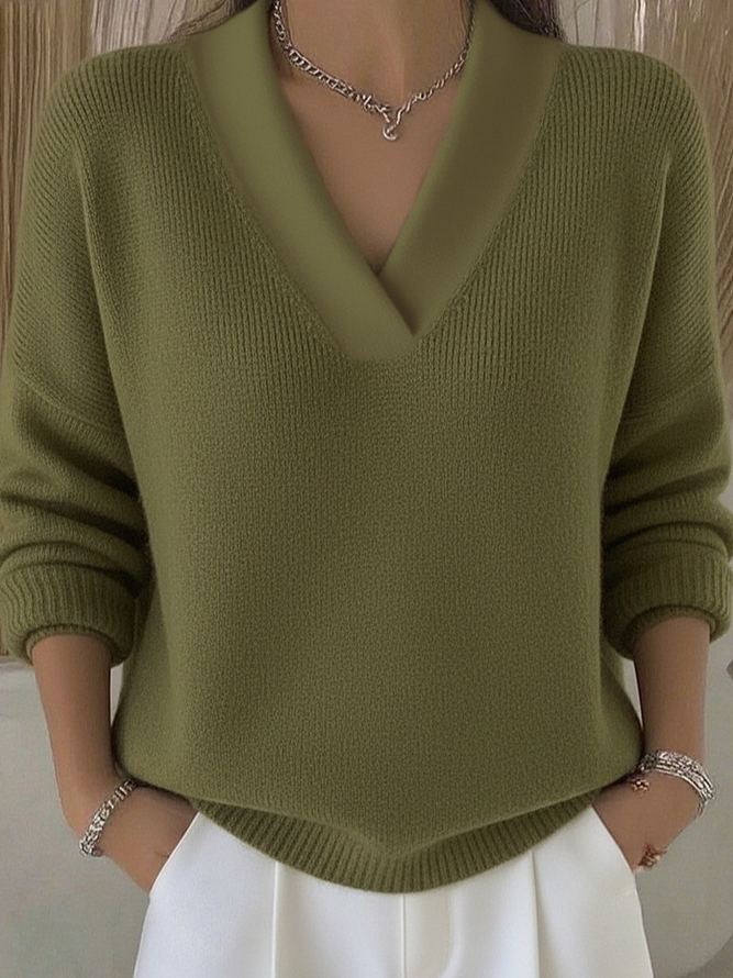 Plain Spring/Fall Urban V neck Split Joint Loose Regular A-Line Regular Sweaters for Women