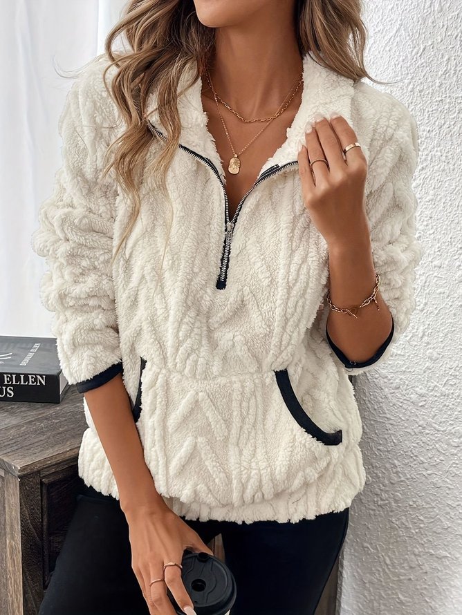 Vintage Plain Winter Faux fur Zipper Loose Long Sleeve Crew Neck Regular Sweatshirts for Women