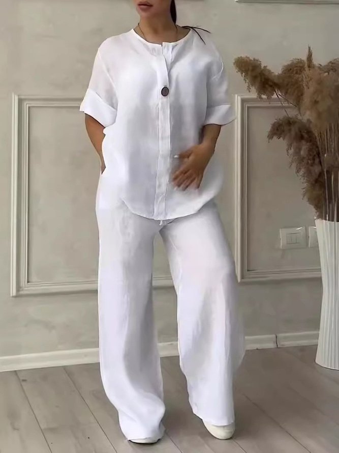 Casual Plain Spring/Fall Polyester No Elasticity Daily Crew Neck Top With Pants H-Line Two-Piece Sets for Women