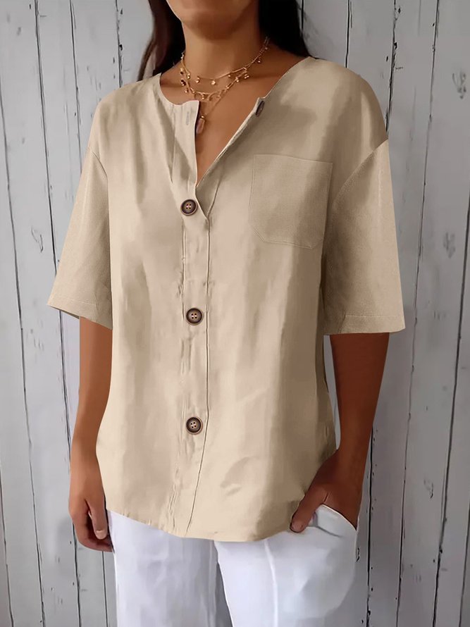 Women Casual Plain Summer Buttoned No Elasticity Daily Crew Neck H-Line Regular Shirts