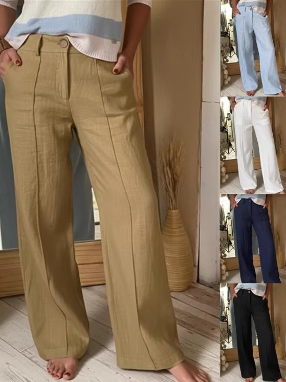 Semi Formal Plain Spring/Fall Cotton Natural Daytime Buttons H-Line Regular Pants for Women