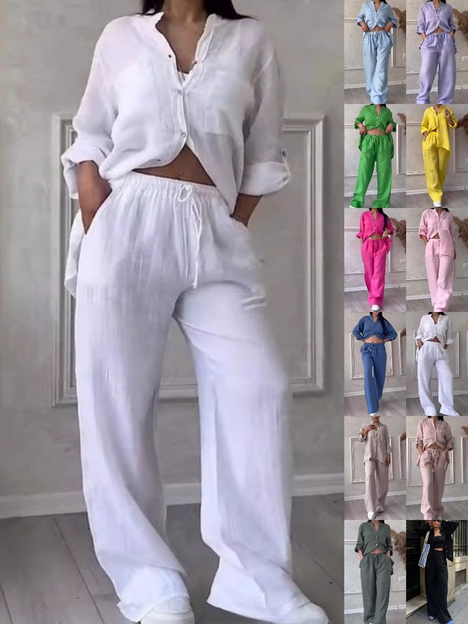 Women Urban Plain Spring/Fall Natural Daytime Loose Long Sleeve Top With Pants H-Line Two-Piece Sets