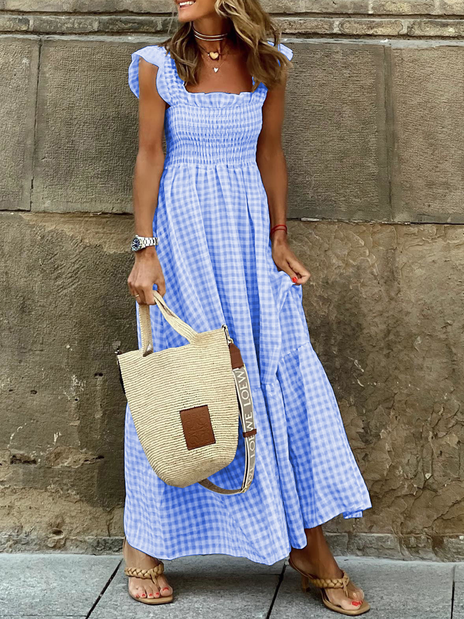 Women Vintage Summer Plaid No Elasticity Maxi Sleeveless Regular Vacation No Dresses