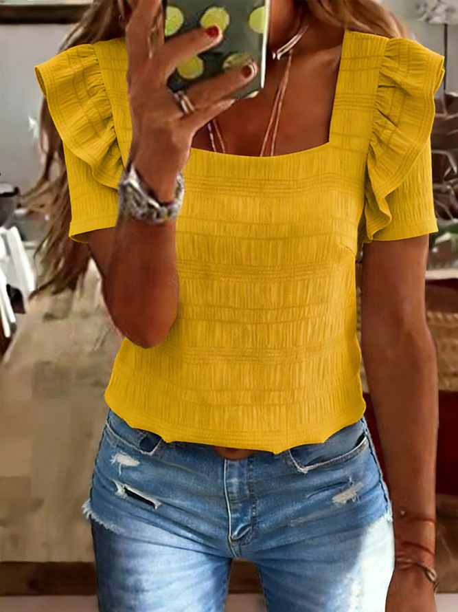 Women Plain Summer Elegant Polyester Ruffle Sleeve No Elasticity Regular H-Line Regular T-shirts