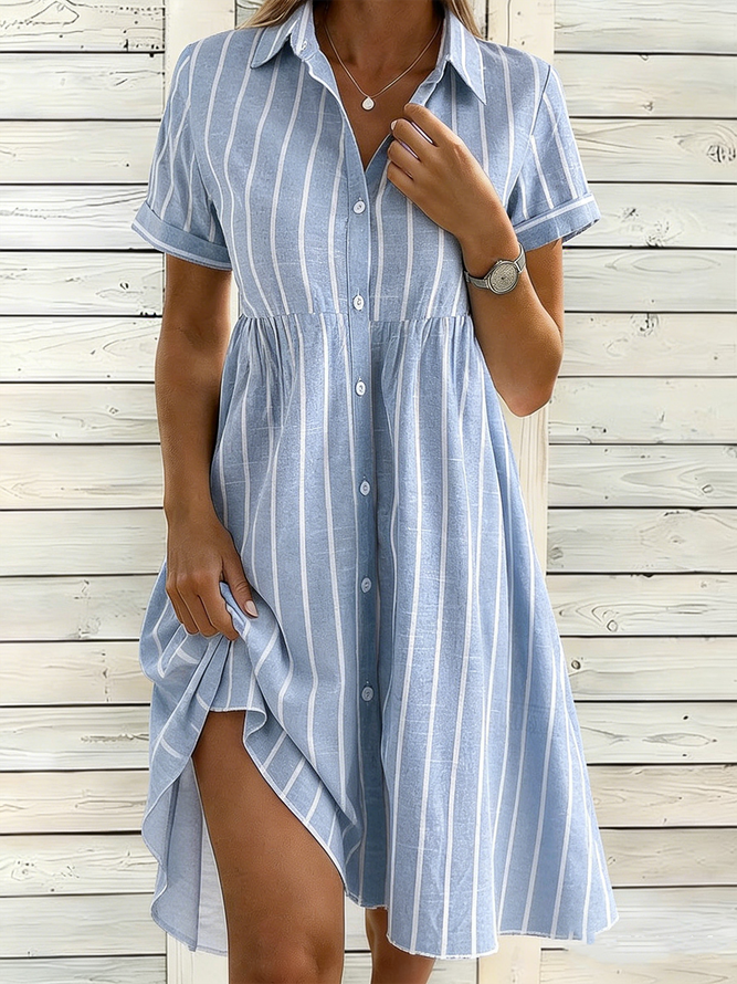 Women Striped Casual Summer High Waist Midi Short Sleeve Shawl Collar Regular No Dresses