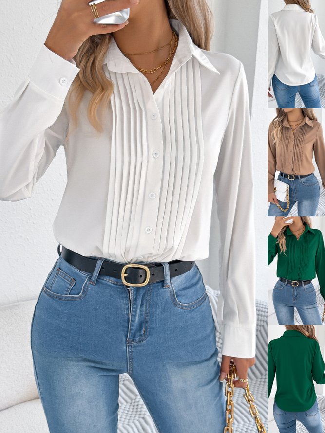 Women Urban Plain Spring/Fall Buckle Micro-Elasticity Commuting Loose H-Line Regular Shirts