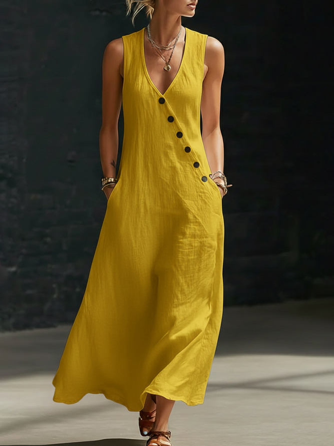 Women Casual Plain Summer V neck Natural No Elasticity Regular Fit Maxi No Dresses