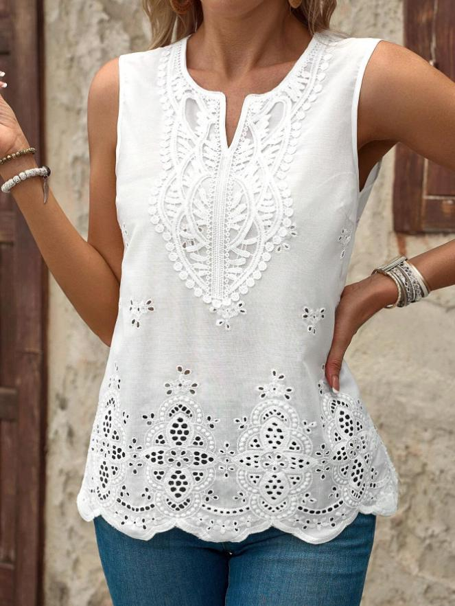 Casual Summer Embroidery Patterns Polyester V neck No Elasticity Daily Sleeveless Regular T-shirts for Women