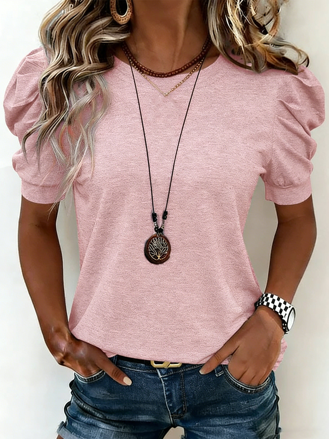 Women Vintage Plain Summer Cotton Micro-Elasticity Daily Crew Neck Regular H-Line T-shirts