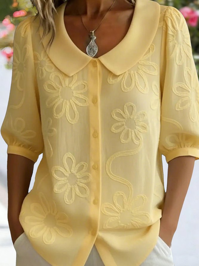 Women Elegant Summer Embroidery Patterns Polyester No Elasticity Short Sleeve Crew Neck H-Line Regular Shirts