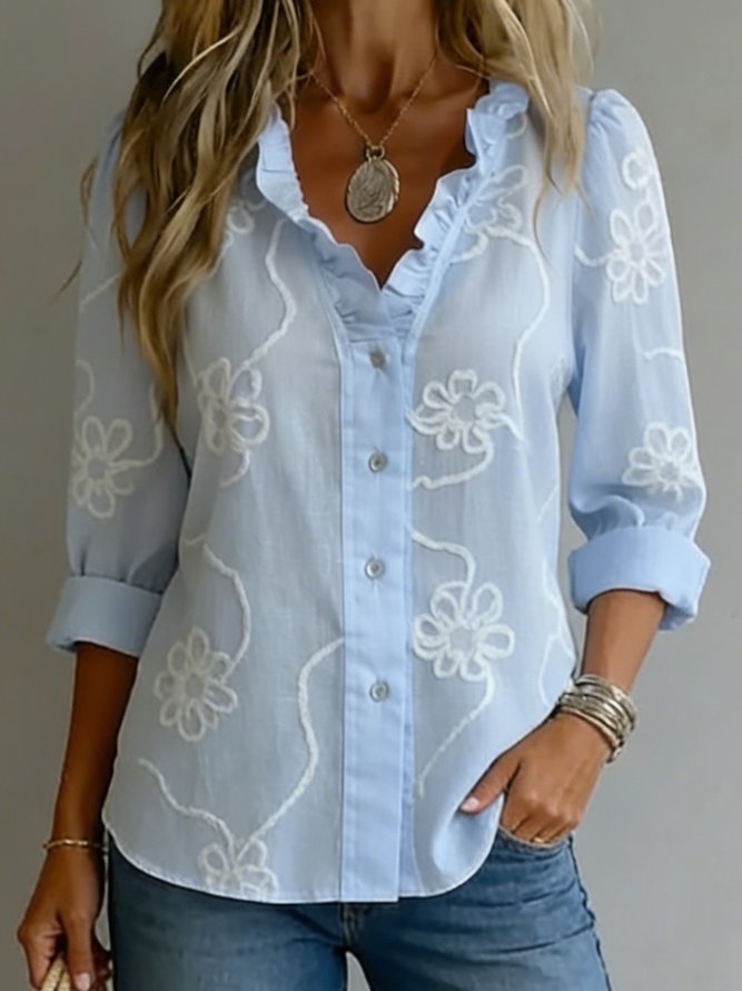 Women Casual Spring/Fall Embroidery Patterns Polyester No Elasticity Commuting Three Quarter Sleeve Regular A-Line Blouses