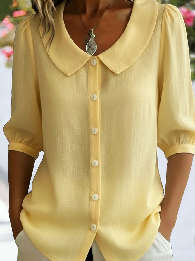 Women Casual Plain Summer Polyester No Elasticity Loose Short Sleeve Crew Neck Regular Shirts