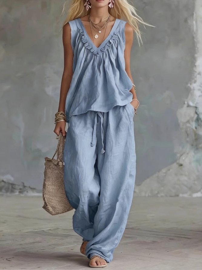 Women Casual Plain Summer Cotton V neck Daily Sleeveless A-Line Regular Two-Piece Sets