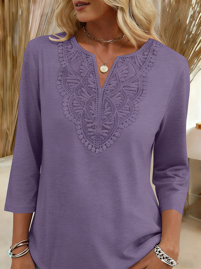 Women Plain Summer Elegant Micro-Elasticity Daily Half Sleeve Cotton-Blend H-Line Lace Edge T-shirts