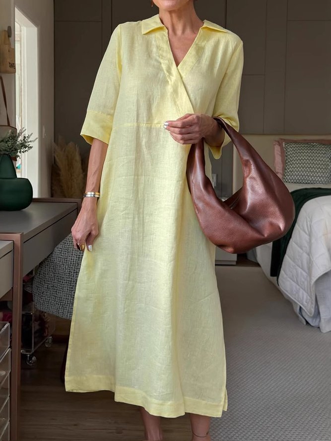 Women Casual Plain Summer Cotton Daily Loose Midi Half Sleeve H-Line Dresses