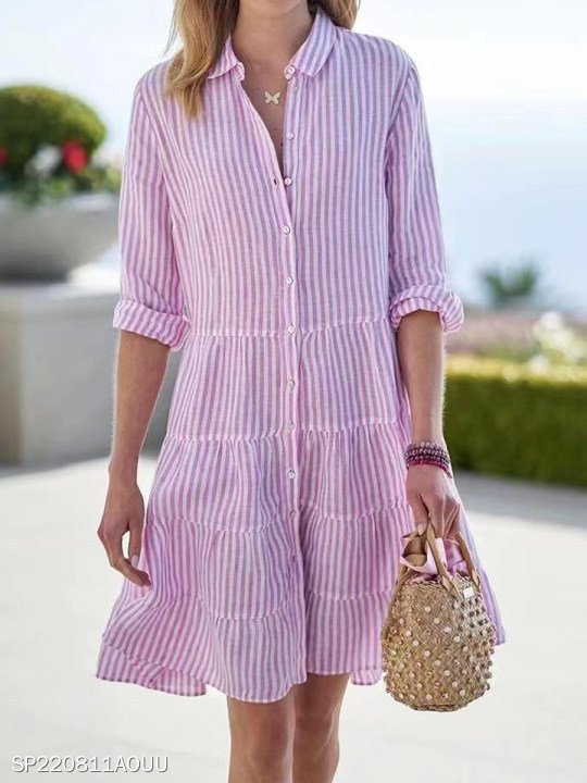 Women Striped Casual Spring/Fall Loose Polyester Cotton Long Sleeve Regular Shirt Dress No Dresses
