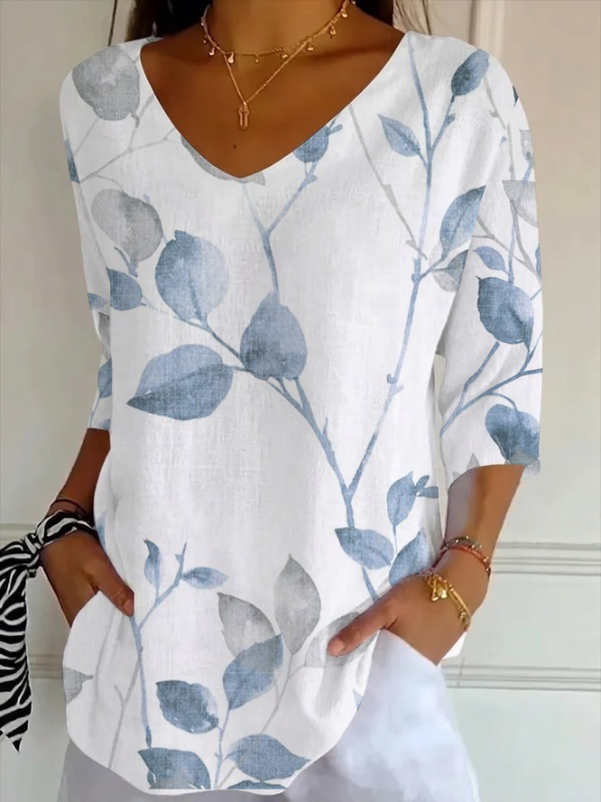 Image of Women Casual Floral Spring/Fall Polyester Printing Micro-Elasticity Three Quarter Sleeve T-Line Regular T-shirts