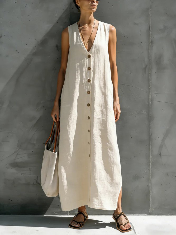 Women Casual Plain Summer Buttoned No Elasticity Loose Maxi H-Line No Dresses