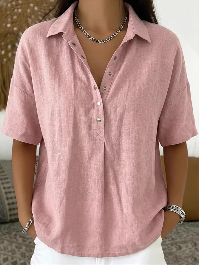 Women Casual Plain Summer Daily Loose Cotton And Linen Short Sleeve Regular Shirt Collar Shirts