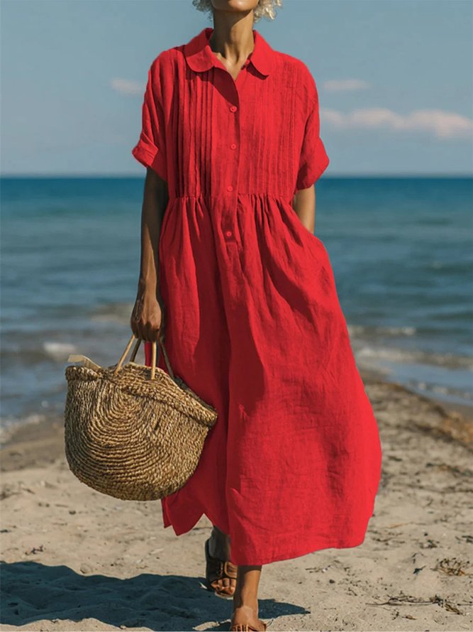 Women Casual Plain Summer Natural Regular Fit Cotton And Linen X-Line Regular Shirt Collar Dresses