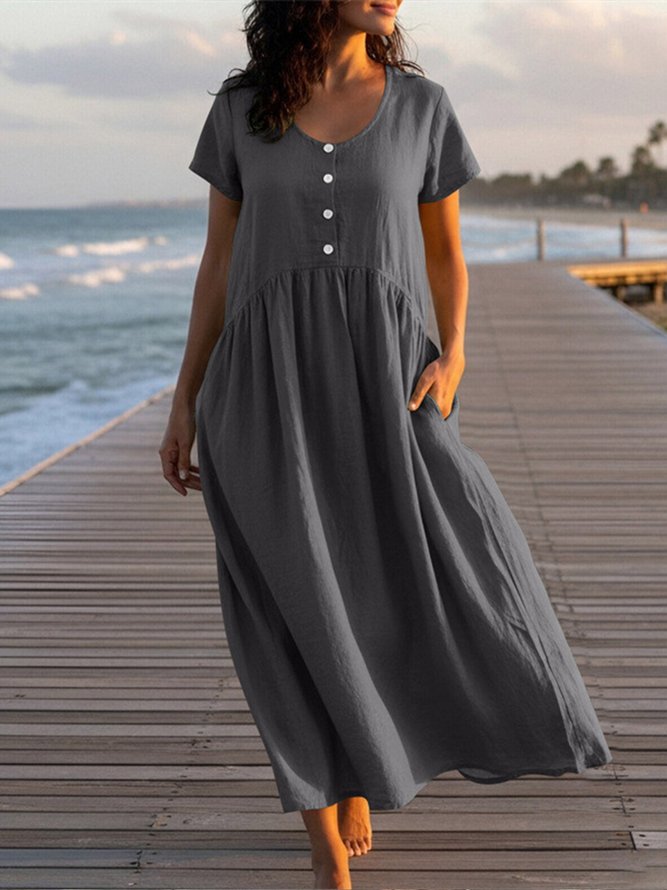 Women Casual Plain Summer Loose Midi Cotton And Linen Crew Neck Regular No Dresses