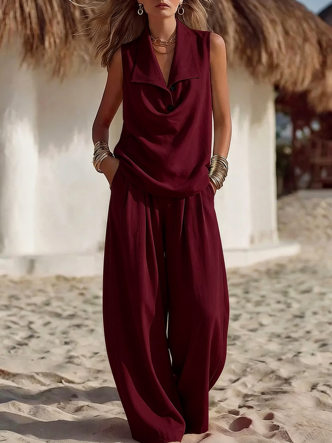 Women Vacation Plain Summer Natural Going Out Loose Shawl Collar H-Line Regular Two-Piece Sets