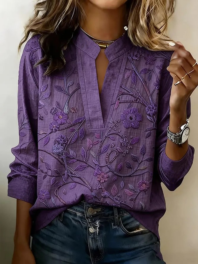 Image of Women Vintage Floral Spring/Fall Polyester V neck Loose Long Sleeve Regular A-Line Blouses