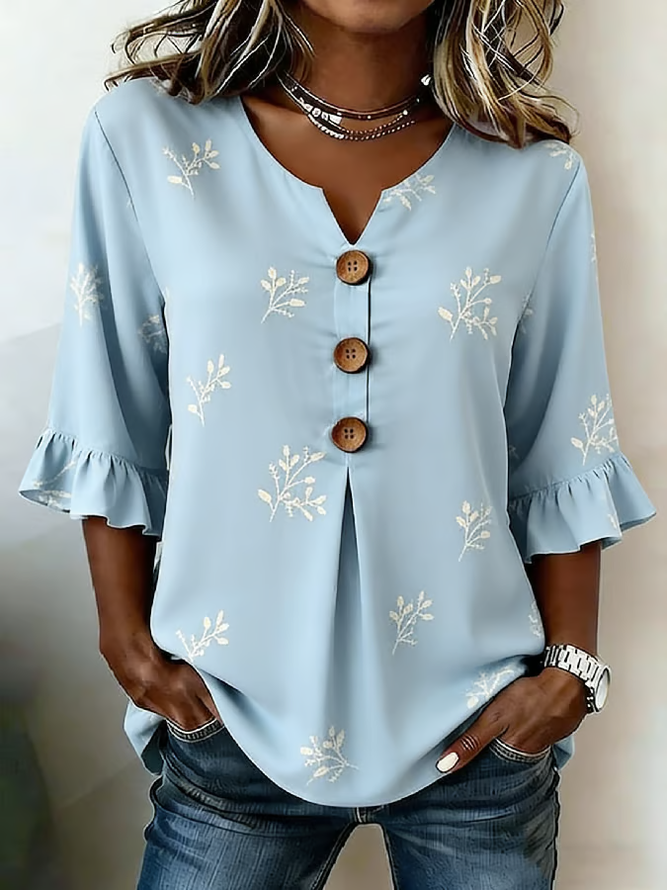 Casual Floral Summer Polyester V neck Micro-Elasticity Regular H-Line Regular Blouses for Women