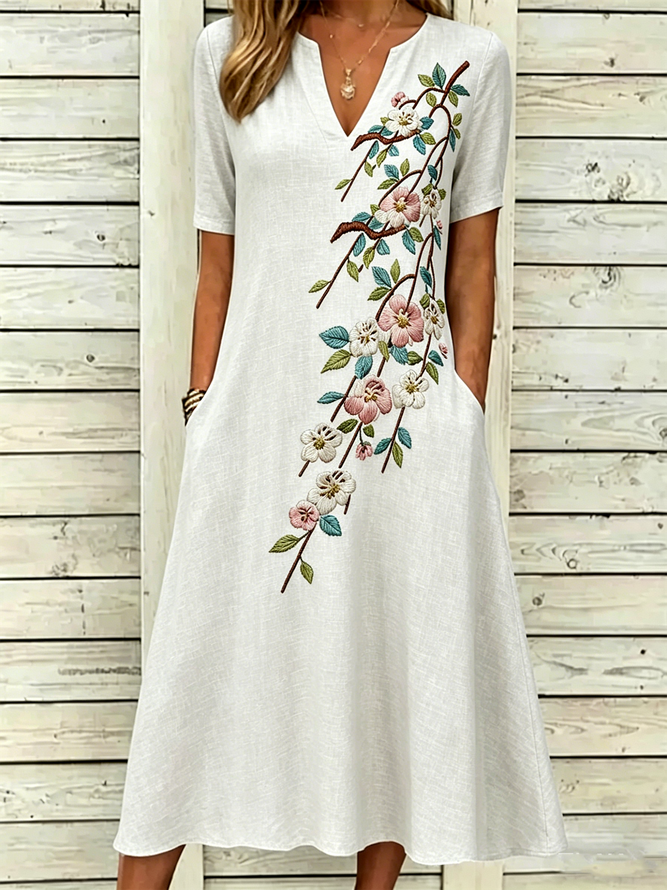 Women Elegant Floral Summer Micro-Elasticity Household Maxi Mid Waist Short Sleeve No Dresses