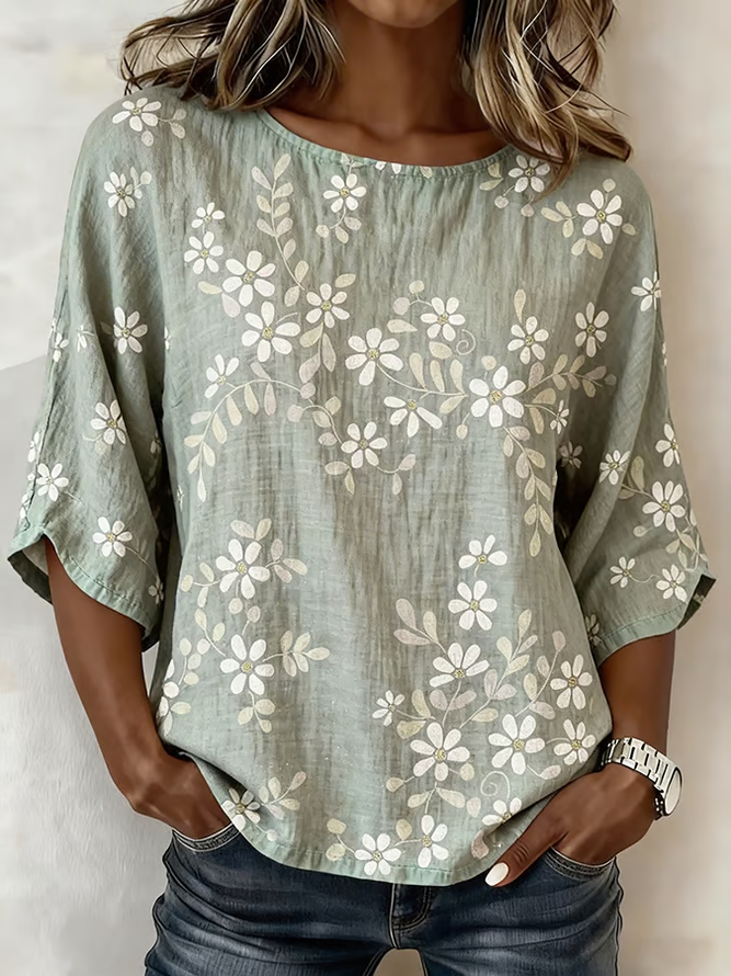 Image of Women Vintage Floral Summer Polyester Printing Micro-Elasticity Commuting Crew Neck Regular Blouses