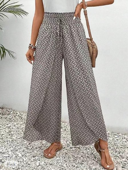 Geometric Elegant Spring/Fall No Elasticity Loose Mid Waist Wide leg pants Long H-Line Pants for Women