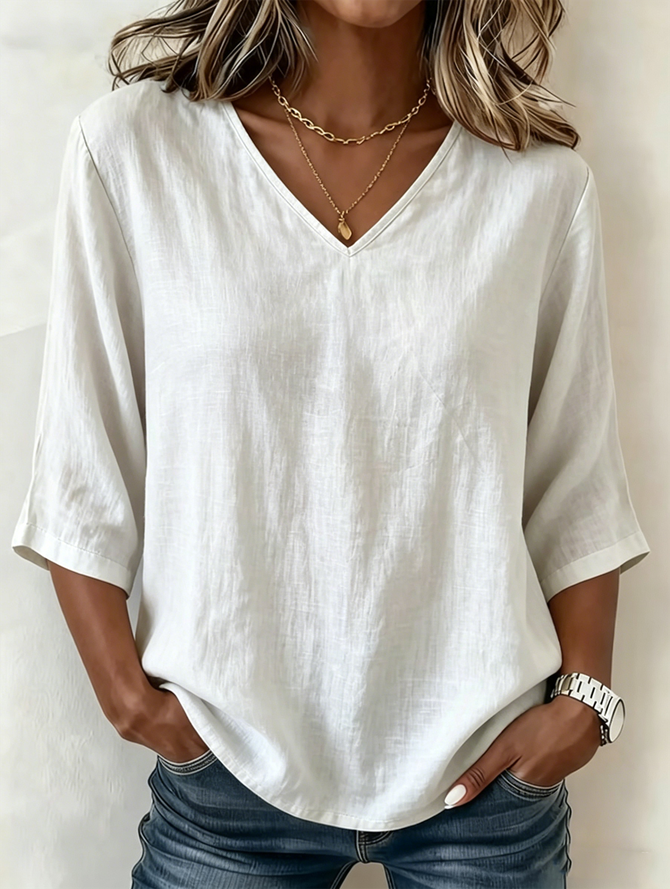 Women Vintage Plain Spring/Fall Polyester V neck Vacation Loose Regular No Blouses