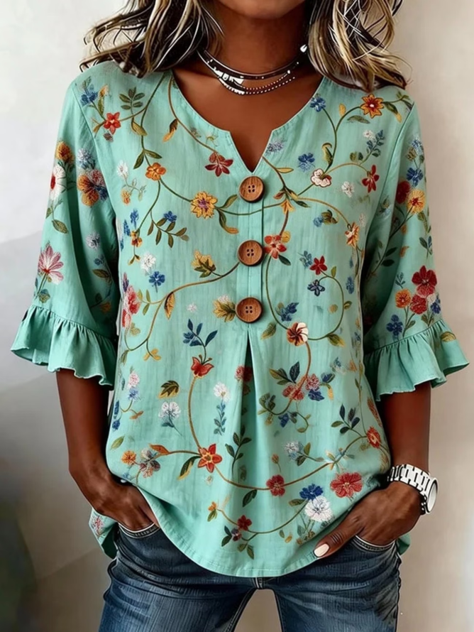 Women Vintage Floral Summer V neck Micro-Elasticity Commuting Regular Fit Half Sleeve Regular Blouses