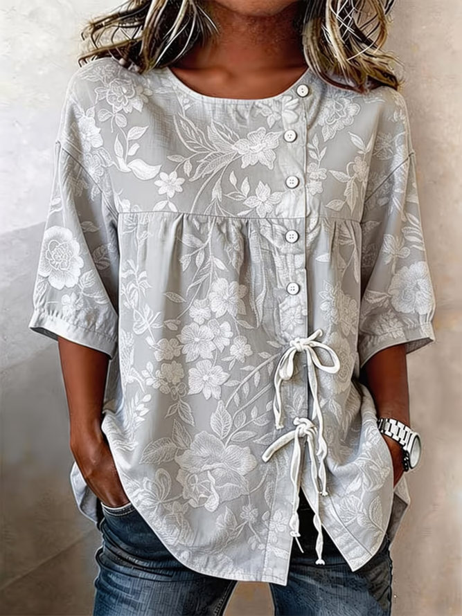 Women Casual Floral Summer Micro-Elasticity Commuting Half Sleeve Crew Neck Regular H-Line Shirts