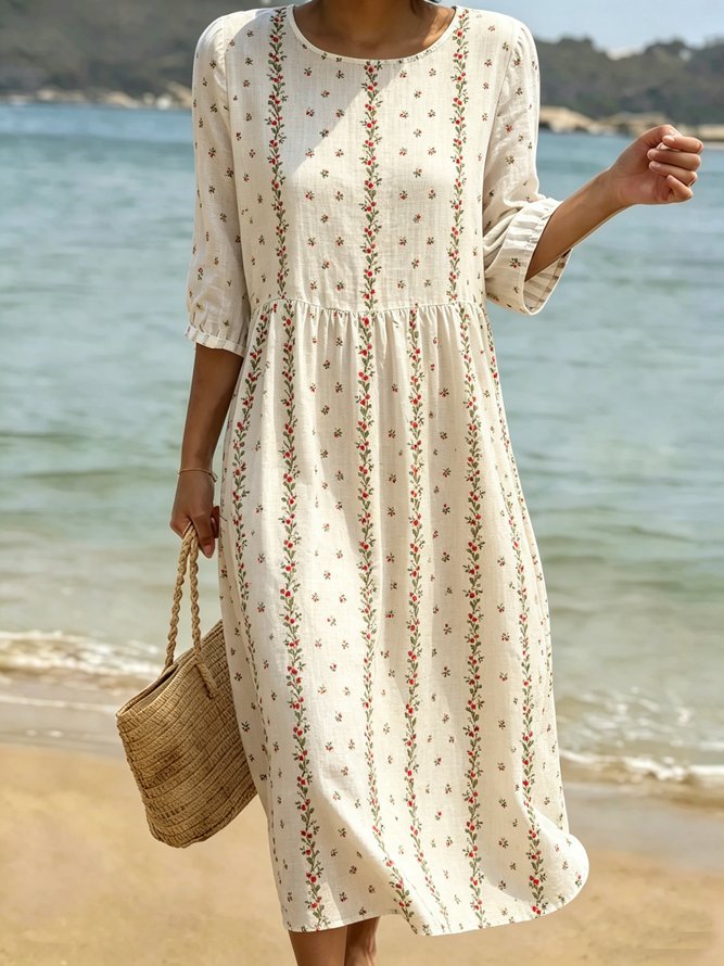 Women Elegant Floral Summer Micro-Elasticity Regular Fit Crew Neck Cotton-Blend A-Line Regular Dresses