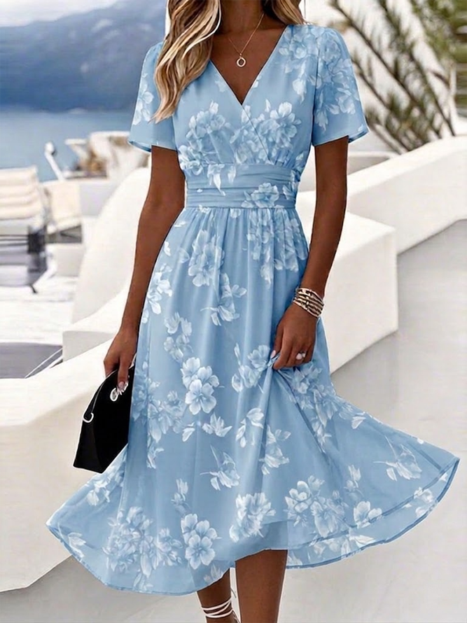 Women Floral Summer Elegant V neck Regular Fit Maxi Short Sleeve No Beach Dress Dresses